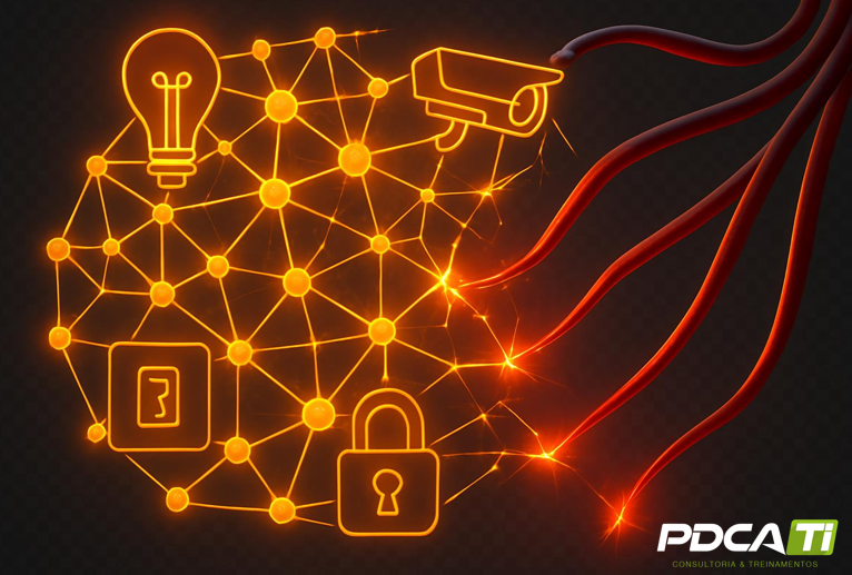 Representação visual de dispositivos IoT conectados em rede 5G mostrando vulnerabilidades e superfícies de ataque expandidas