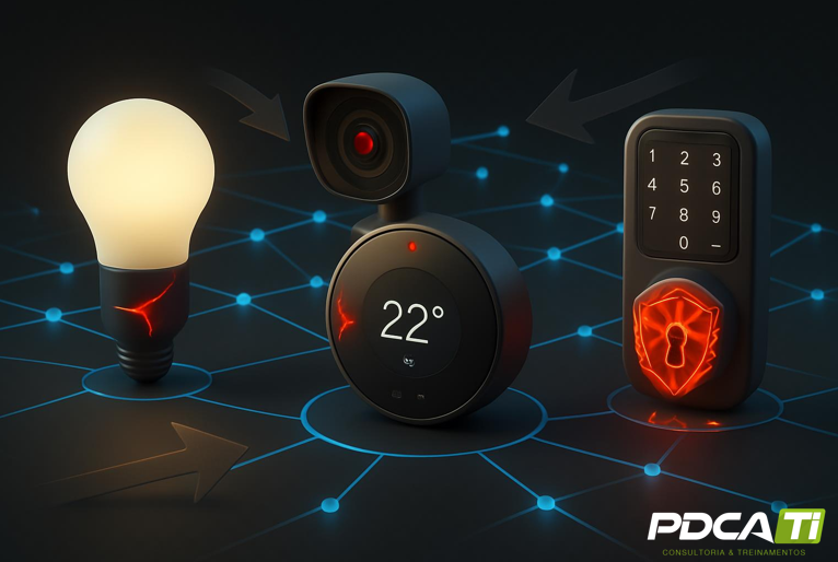Representação visual de dispositivos IoT conectados em rede 5G mostrando vulnerabilidades e superfícies de ataque expandidas