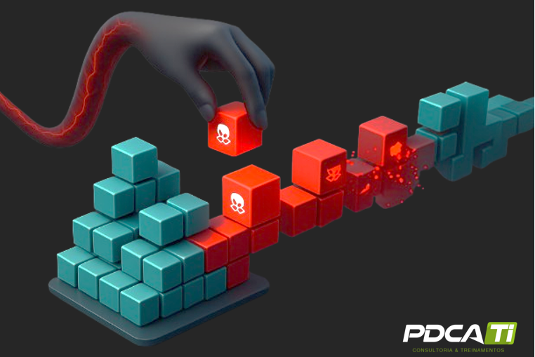 Ilustração representando o a infecção de um malware, trojan ou algum vírus na distribuição de softwares, atualizações de um sistema de computador