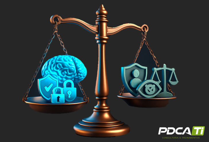 Representação visual do dilema entre privacidade e segurança digital, mostrando o equilíbrio necessário na era da IA