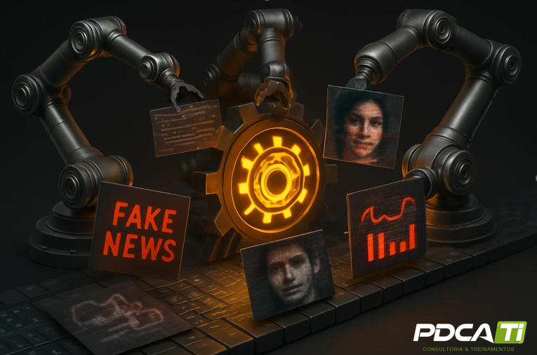 Ilustração sobre desinformação gerada por IA, deepfakes e fake news representando a fábrica de ilusões digitais