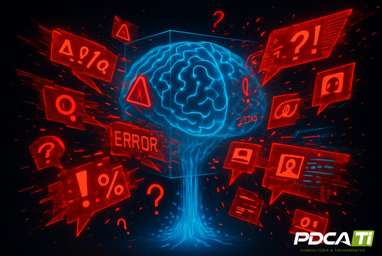 Ilustração sobre desinformação gerada por IA, deepfakes e fake news representando a fábrica de ilusões digitais