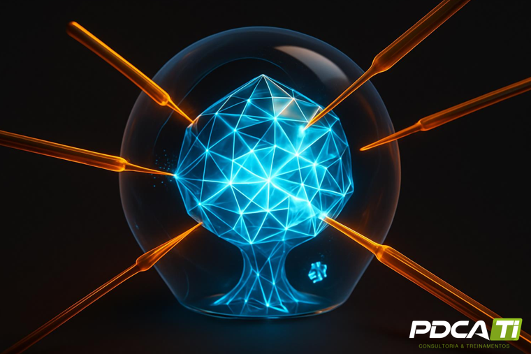 Cérebro digital sendo atacado por setas, representando os ataques adversariais que visam manipular a lógica dos modelos de IA de uma empresa.