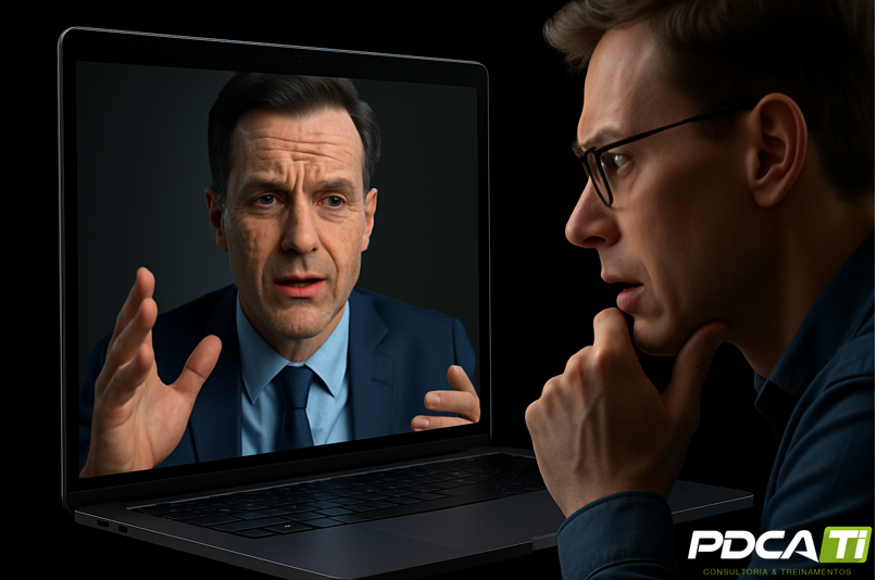 Rosto de uma pessoa sendo manipulado por linhas digitais, representando a ameaça de deepfakes e o risco reputacional para empresas na era da IA.