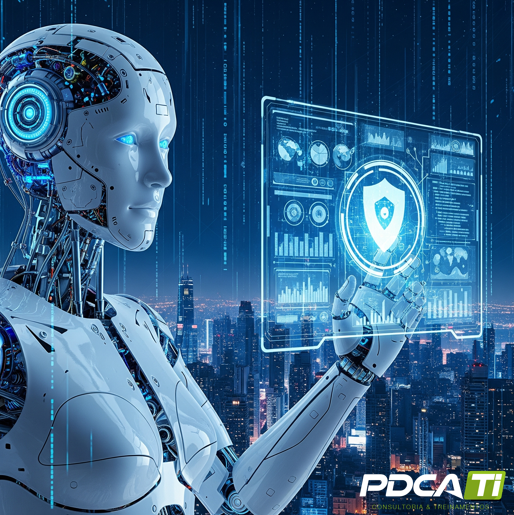 Balança equilibrando os conceitos de privacidade de dados (LGPD) e segurança corporativa, simbolizando o dilema estratégico da governança na era da IA.