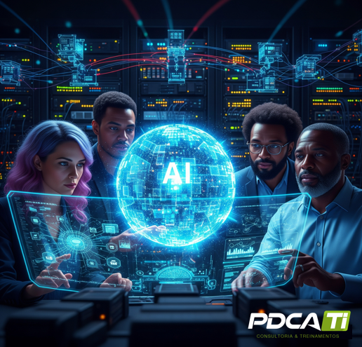 Ilustração de um cérebro digital com engrenagens, simbolizando a necessidade de governança, regulamentação e estratégia na inteligência artificial para negócios.