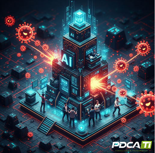 Visão futurista com um cérebro digital, ilustrando os próximos desafios estratégicos para líderes: computação quântica e IA autônoma.