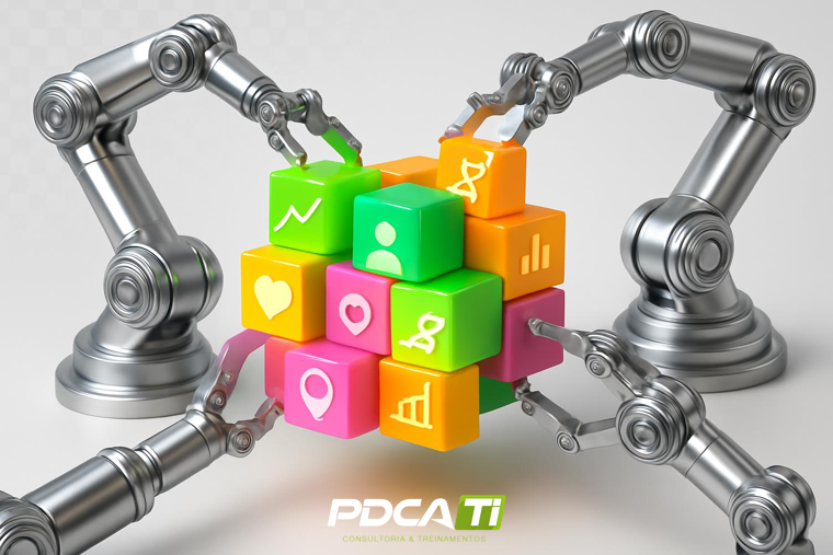 Ícones de interrogação e lâmpadas, representando o FAQ com perguntas e respostas estratégicas sobre Inteligência Artificial para executivos.