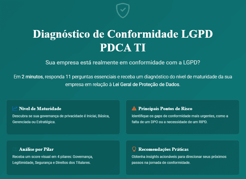 Ferramenta de diagnóstico e avaliação de maturidade da LGPD, gratuita. Faça a sua avaliação de maturidade LGPD em 5 minutos